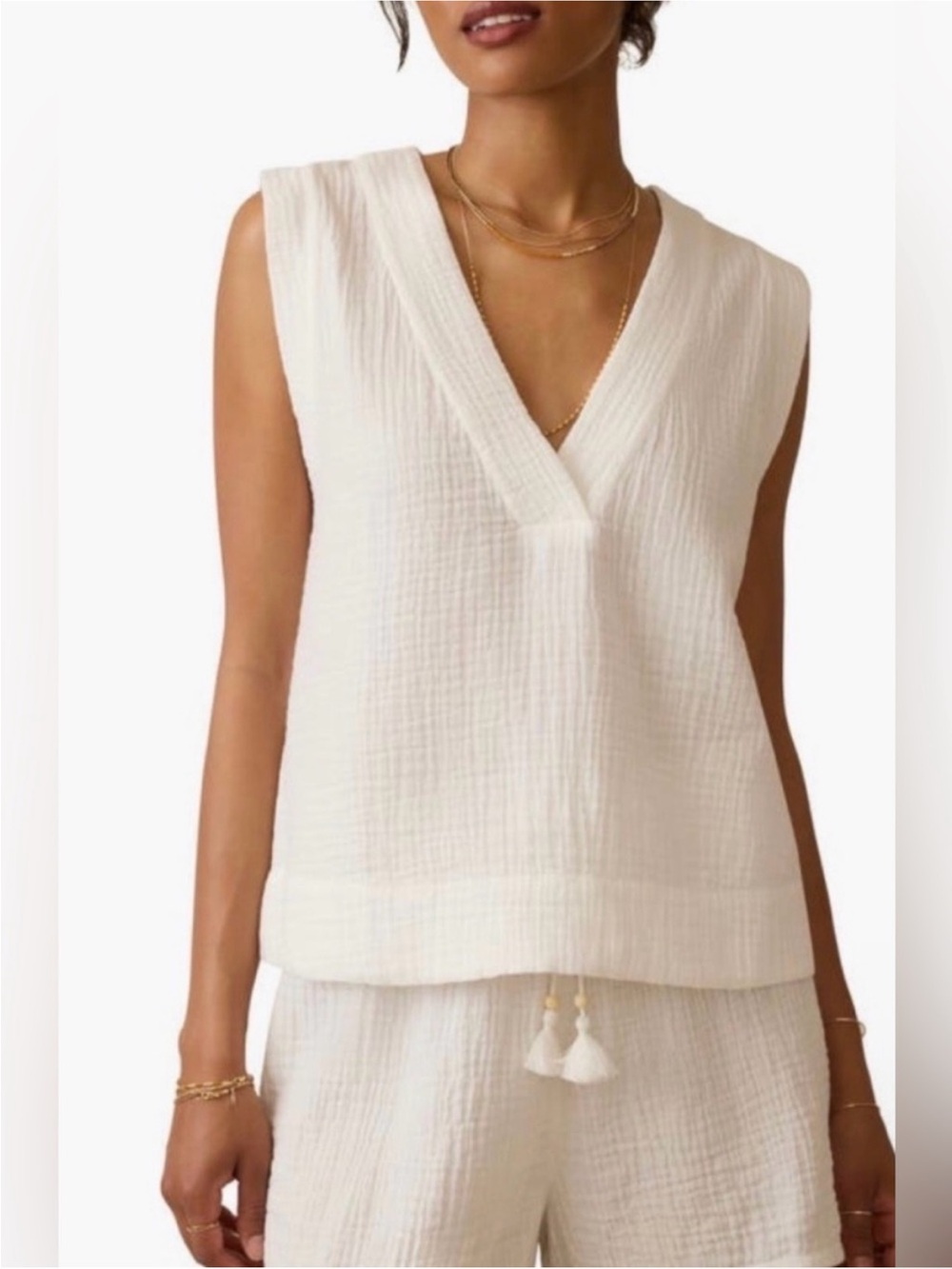 NWT Faherty Dune Cotton Gauze Sleeveless V-neck Shirt Womens Size Small In White